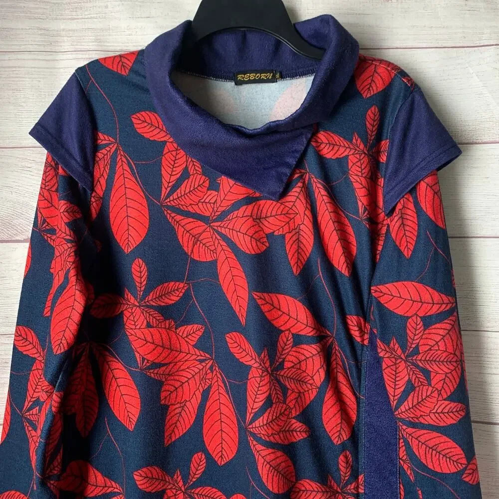 Reborn Navy Blue with Red Leaf Pattern Dress Folded Cowl Neck Fall Leaves XL